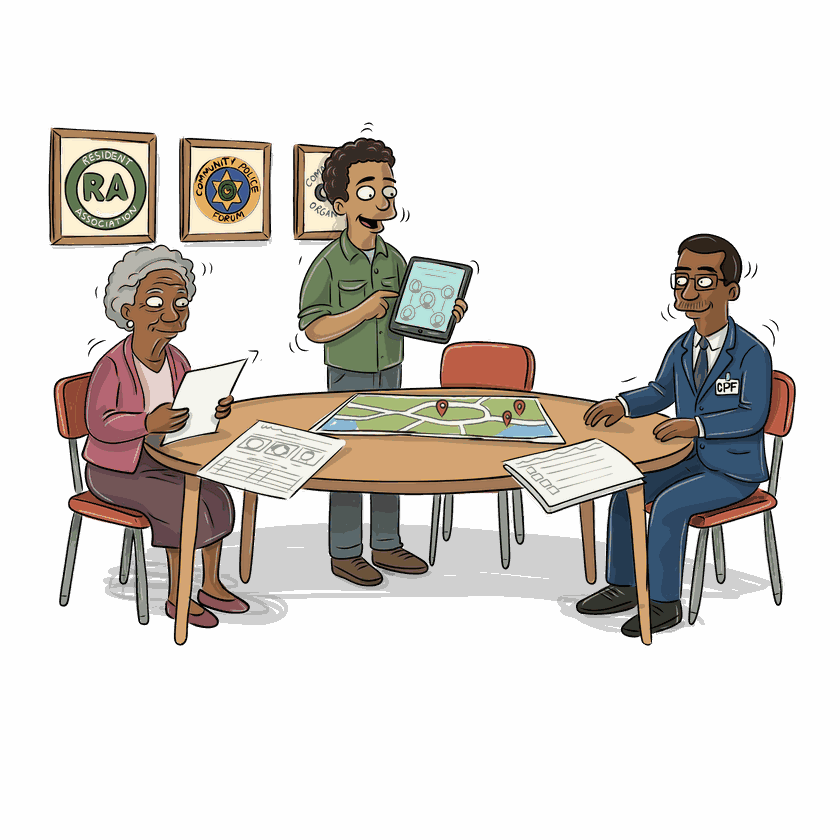 An illustration of a facilitator showing a network diagram on a tablet to a Resident Association member and a Community Police Forum representative around a table with a map.