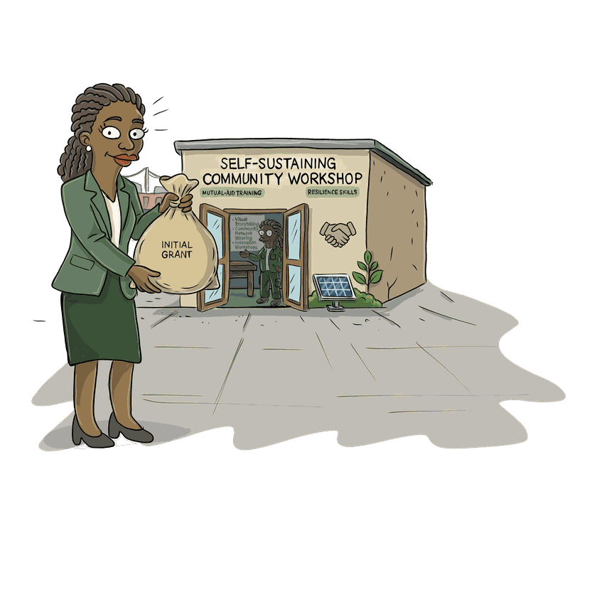 An illustration of a funder holding a bag marked Initial Grant outside a self-sustaining community workshop offering mutual-aid training and resilience skills.