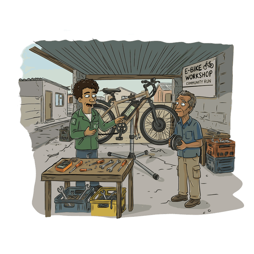 An illustration of a community-run e-bike repair workshop, with a young mechanic showing an older resident an e-bike's components.
