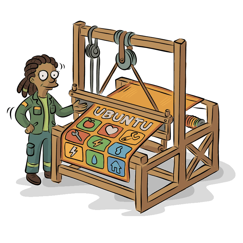An illustration of a person weaving the word Ubuntu into a large loom, with icons for water, food, health, safety, energy and skills and trade woven into the fabric.