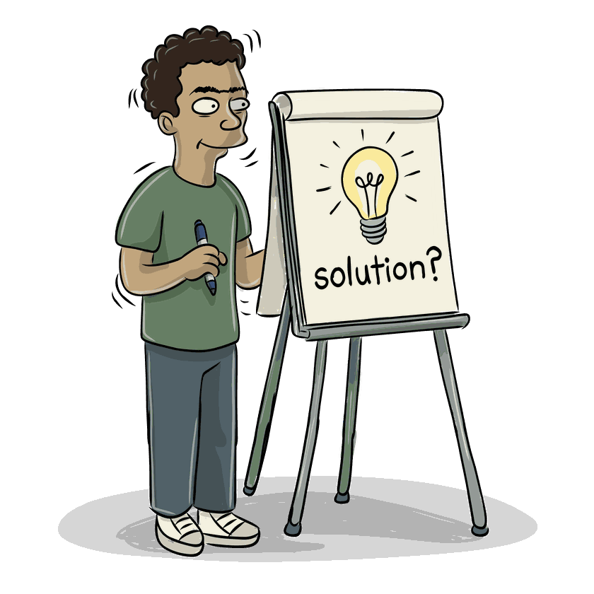 An illustration of a facilitator standing at a flip chart with a lit lightbulb and the word solution written on it.